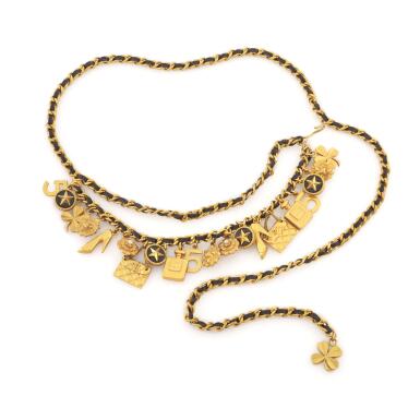 View full screen - View 1 of Lot 154. Black multi Charm Treaded Chain Belt, Cir 1993 (Cintura a catena con charms, 1993).