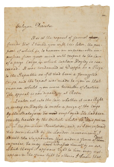 View full screen - View 1 of Lot 1151. Paine, Thomas | Did privateer captain Nathan Haley turn in his own ship as a prize to the Directorate?.