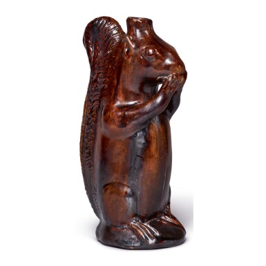 View full screen - View 1 of Lot 1667. RARE MORAVIAN REDWARE LEAD-GLAZED SQUIRREL BOTTLE, ATTRIBUTED TO RUDOLPH CHRIST, SALEM, NORTH CAROLINA, EARLY 19TH CENTURY.
