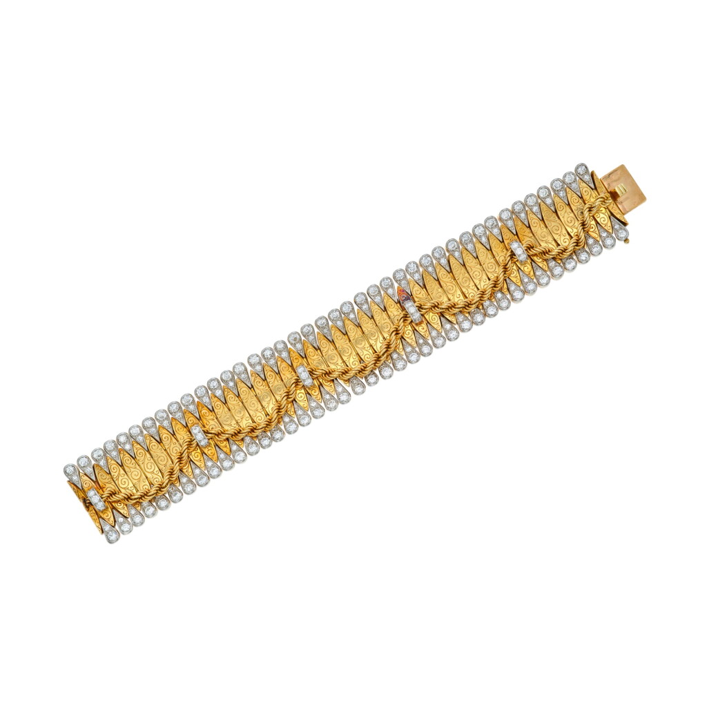 View full screen - View 1 of Lot 204. Gold and Diamond Bracelet, France.