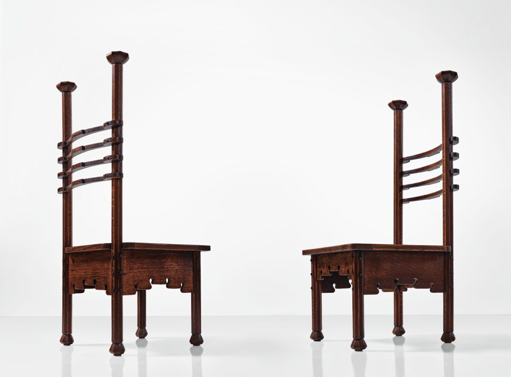View full screen - View 1 of Lot 37. CHARLES ROHLFS | PAIR OF LADDER BACK CHAIRS.
