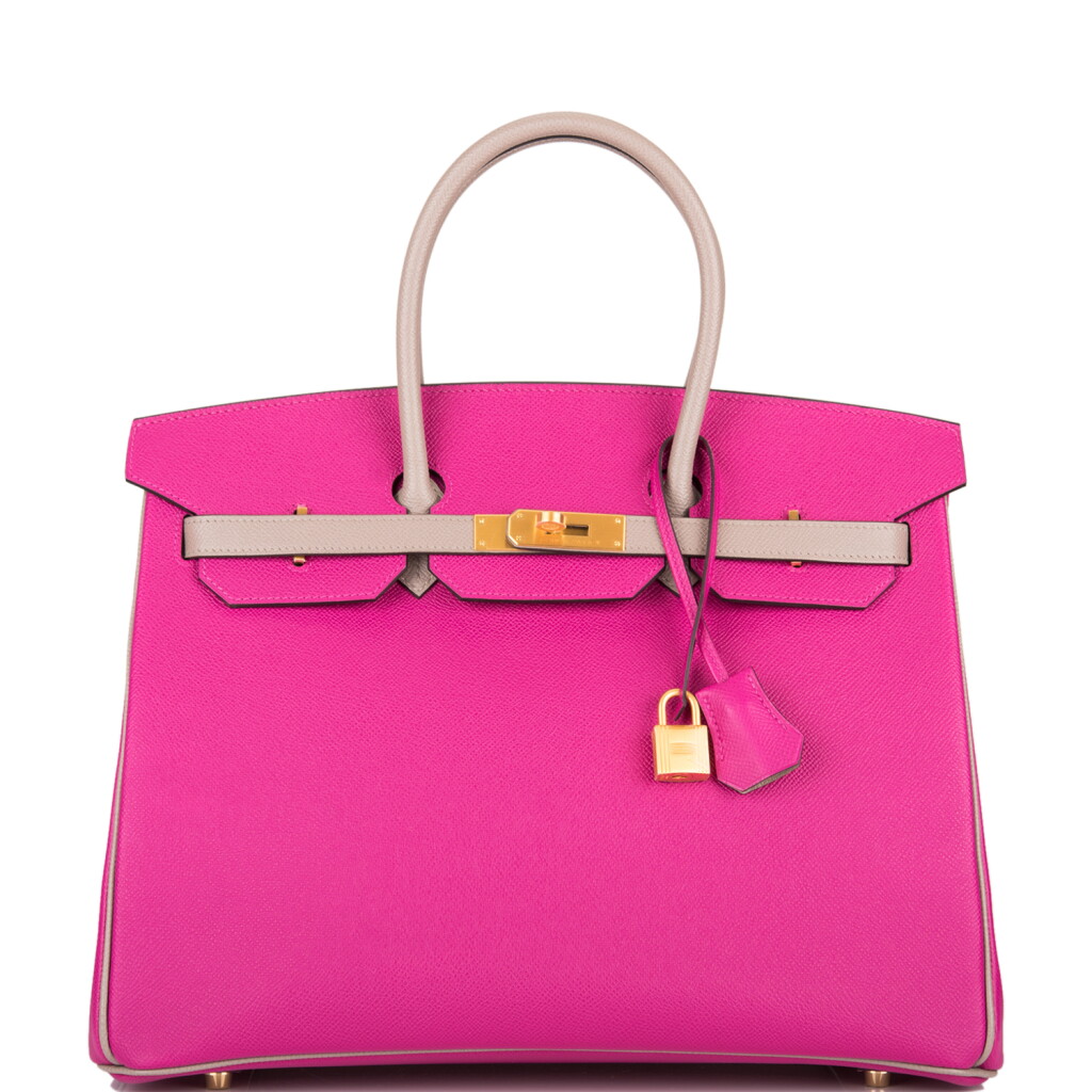 View full screen - View 1 of Lot 15. Hermès Horseshoe Stamp (HSS) Bicolor Rose Pourpre and Gris Asphalte Birkin 35cm of Epsom Leather with Brushed Gold Hardware.