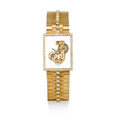 View full screen - View 1 of Lot 158. CORUM | GOLDEN BRIDGE, A YELLOW GOLD AND DIAMOND-SET SKELETONIZED BRACELET WATCH, CIRCA 1980.