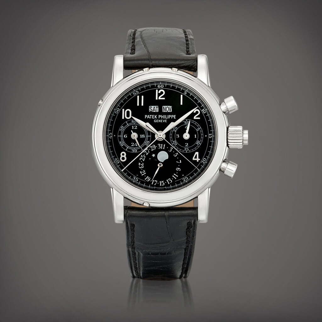 View full screen - View 1 of Lot 2148. Reference 5004 | A platinum perpetual calendar split seconds chronograph wristwatch with moon phases, 24 hours and leap year indication, Circa 2005 | 百達翡麗 | 型號5004 | 鉑金萬年曆追針計時腕錶,備月相、24小時及閏年顯示,約2005年製.