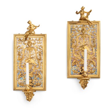View full screen - View 1 of Lot 509. A pair of gilt-bronze and silvered-bronze wall lights, 19th century.