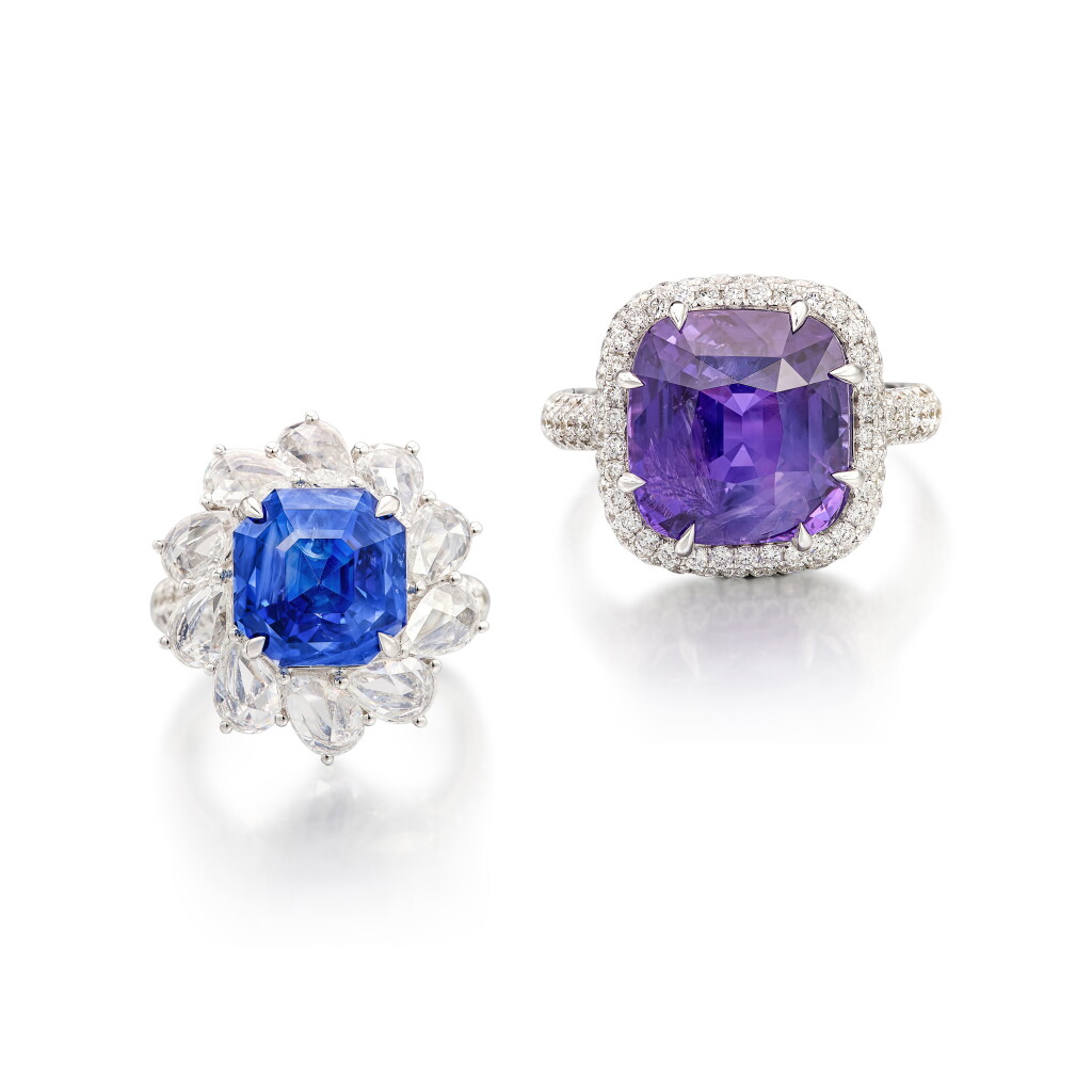 View full screen - View 1 of Lot 1672. Two Sapphire and Diamond Rings | 10.09 及 10.19克拉 天然「斯里蘭卡」未經加熱藍寶石 及 紫色剛玉 配 鑽石 戒指兩枚.