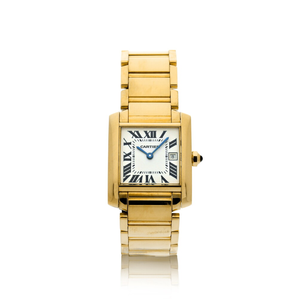 View full screen - View 1 of Lot 64. CARTIER | REFERENCE 2466 TANK FRANCAISE A YELLOW GOLD RECTANGULAR WRISTWATCH WITH DATE AND BRACELET, CIRCA 2000.