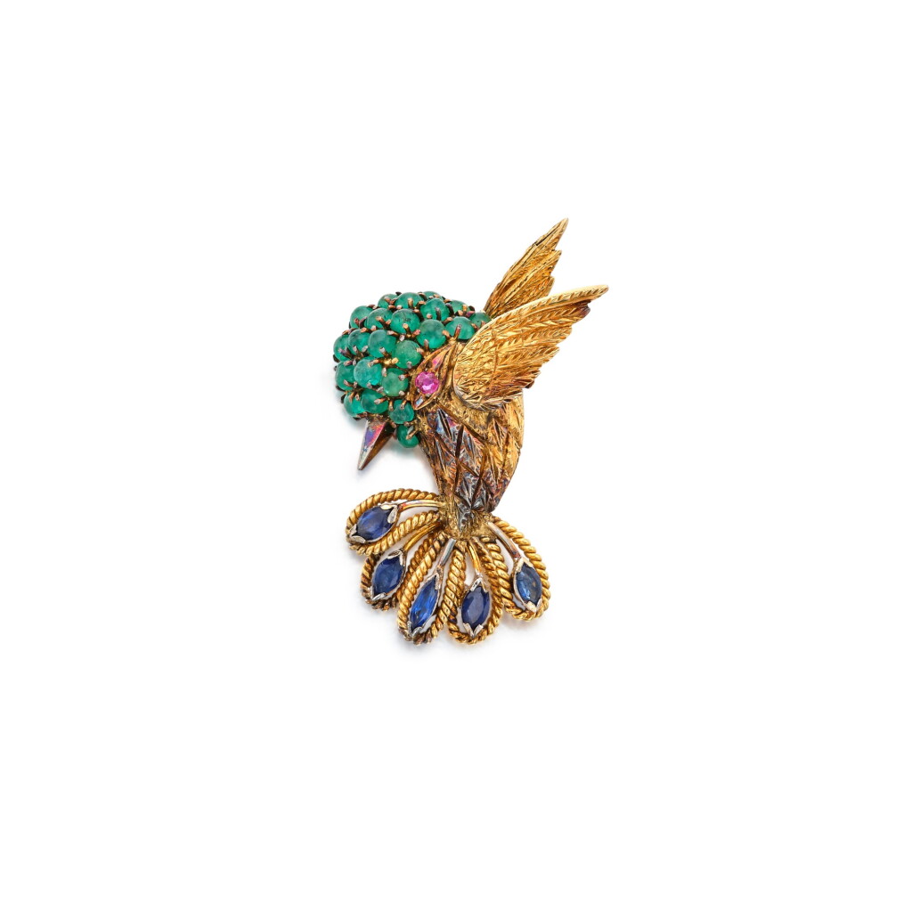 View full screen - View 1 of Lot 180. Gold, Emerald, Sapphire and Ruby Brooch.