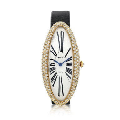 View full screen - View 1 of Lot 24. CARTIER | BAIGNOIRE ALLONGÉE A YELLOW GOLD AND DIAMOND SET OVAL CURVED WRISTWATCH CIRCA 1995.