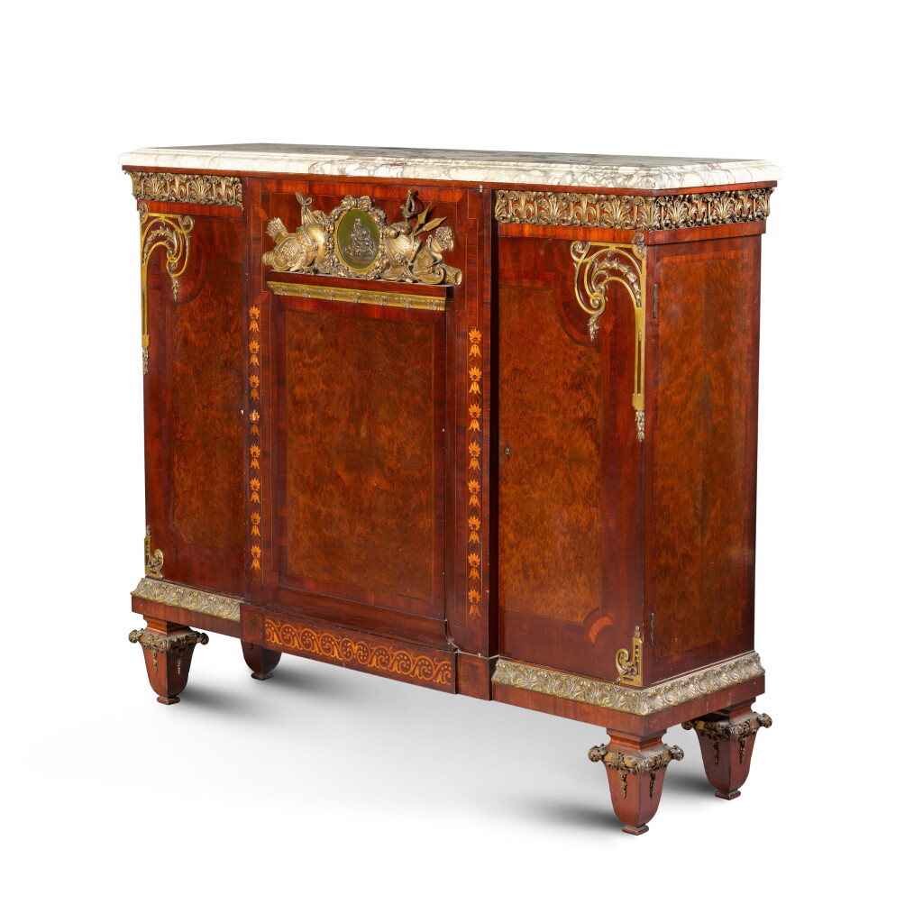 View full screen - View 1 of Lot 138. A French gilt-bronze mounted mahogany and burr cabinet, late 19th century, attributed to François Linke.