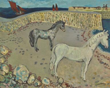 View full screen - View 1 of Lot 27. GERARD DILLON | HORSES AT THE HARBOUR WALL .
