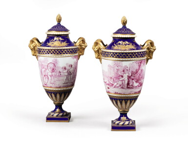 View full screen - View 1 of Lot 312. A pair of Sèvres-style blue-ground vases and covers, late 19th century.
