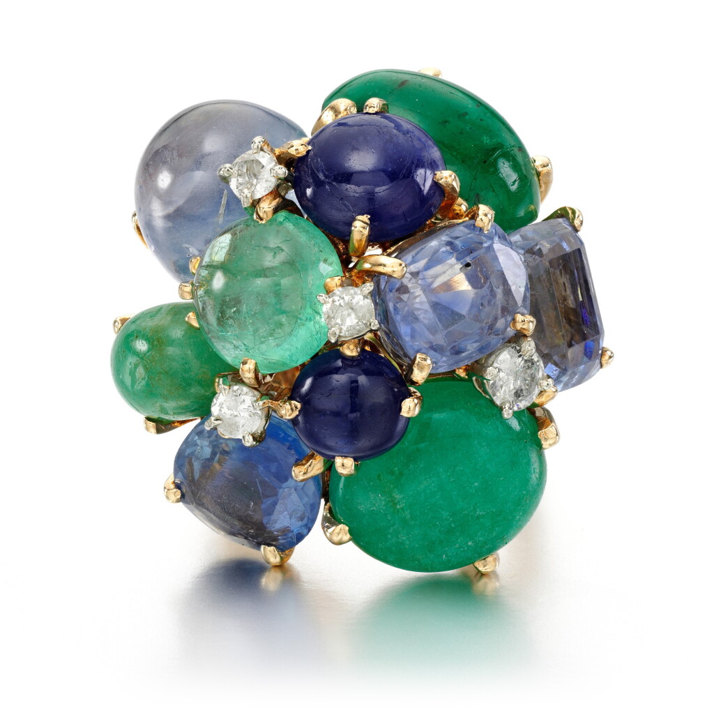 View full screen - View 1 of Lot 151. Seaman Schepps | Sapphire, emerald and diamond ring , 1950s.