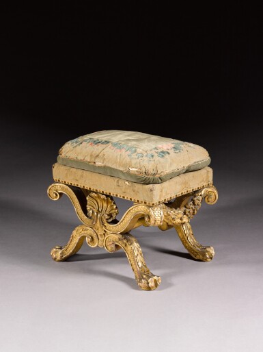 View full screen - View 1 of Lot 97. A George II carved giltwood X-frame stool, circa 1735-40, the design attributed to William Kent and executed by Henry Williams.