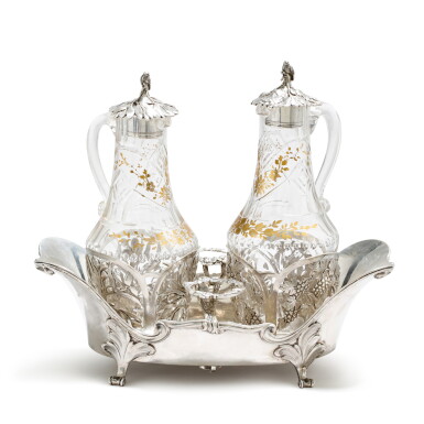 View full screen - View 1 of Lot 464. A silver cruet and stoppers, Jean-Henri I Oertel, Strasburg, 1771 with glass bottles | Huilier en argent et ses bouchons en argent par Jean-Henri I Oertel, Strasbourg, 1771, avec des flacons en verre.