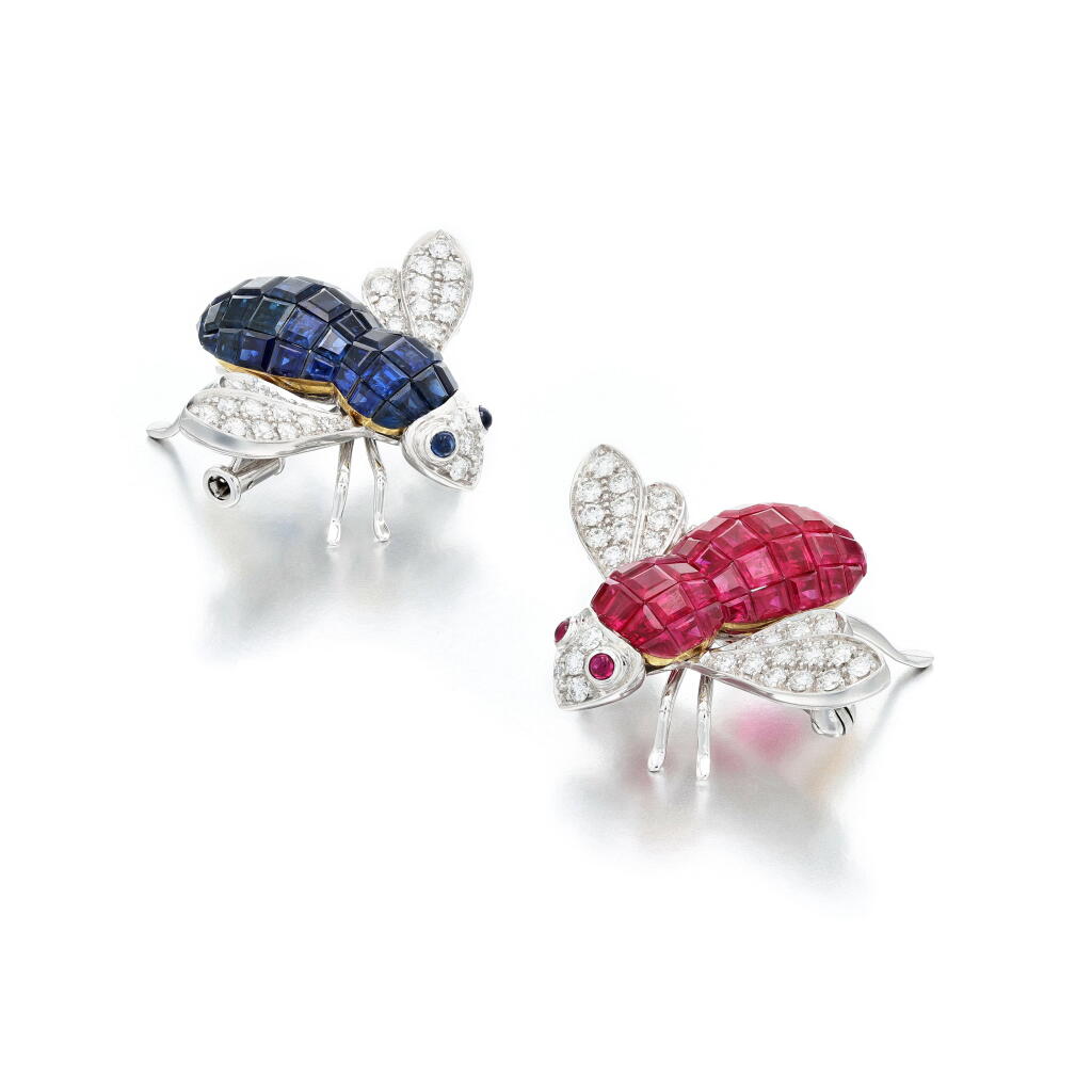 View full screen - View 1 of Lot 264. Pair of sapphire and ruby bee brooches.