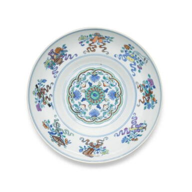 View full screen - View 1 of Lot 270. A doucai 'Eight Daoist Emblems' ogee dish, Seal mark and period of Daoguang.