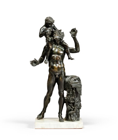View full screen - View 1 of Lot 112. Italian, Neapolitan, 19th century, after the Antique | A Satyr with cymbals carrying Bacchus Dionysos on his shoulders.