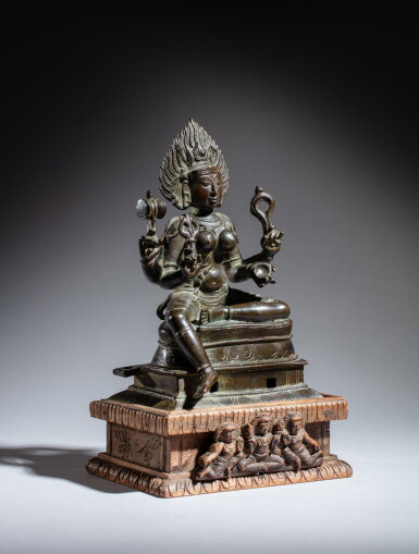 View full screen - View 1 of Lot 160. A bronze figure of Kali, South India, Vijayanagara period, ca. 16th century | 南印度 毗奢耶那伽羅王朝約十六世紀 銅迦梨坐像.