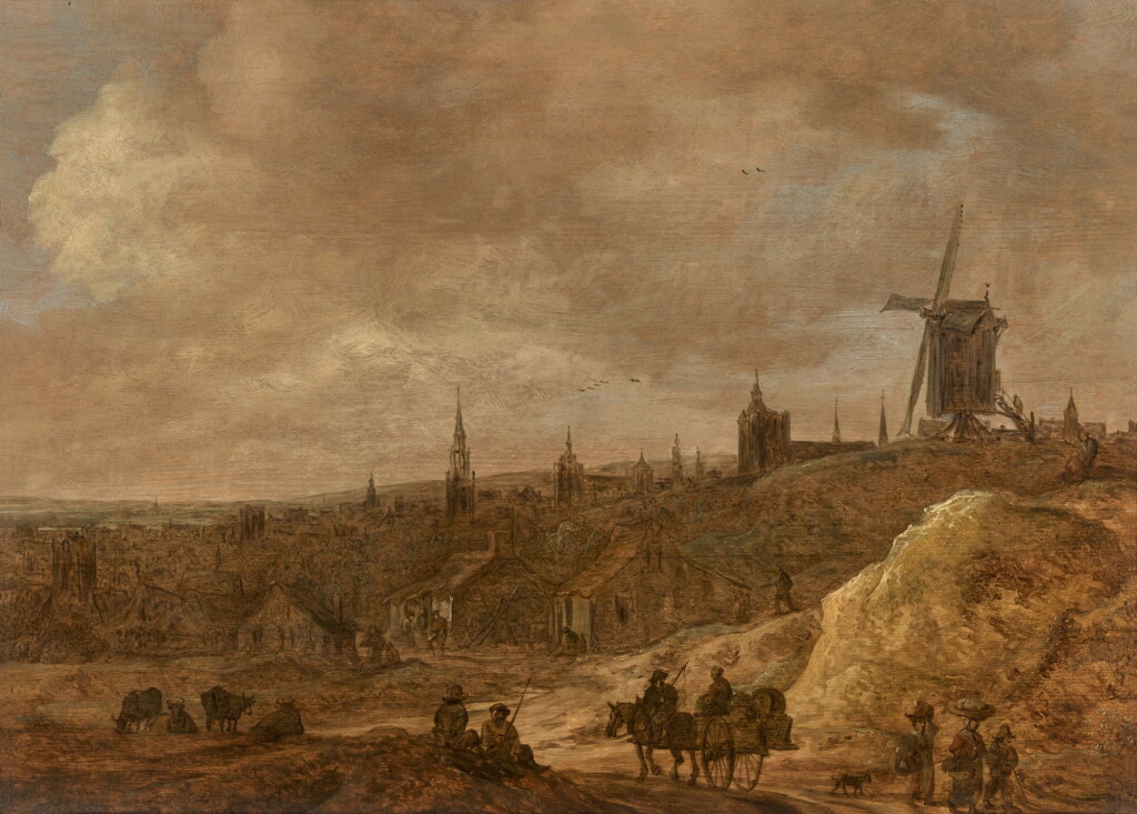 View full screen - View 1 of Lot 152. A landscape, possibly identifiable as Brussels, with a windmill, peasants and a horse and carriage on a track.