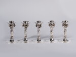 A Set of Five Danish Silver Grapevine Candelsticks, No. 263A, Designed by Georg Jensen, Georg Jensen Silversmithy, 20th Century