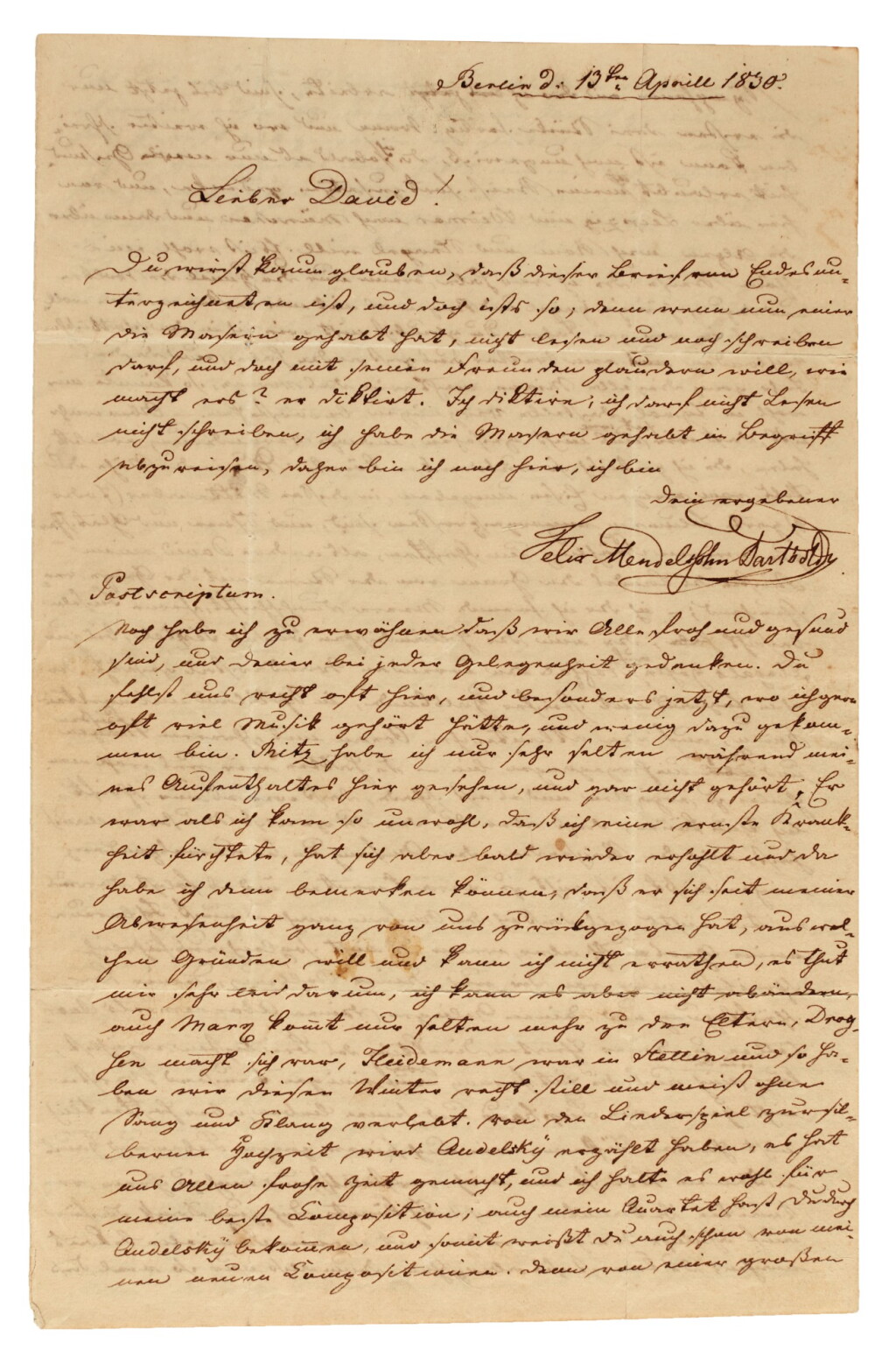 View full screen - View 1 of Lot 58. F. Mendelssohn. Important letter signed about Betty Pistor and the Quartet op.12, to F. David, 13 April 1830.