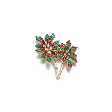 View full screen - View 1 of Lot 63. EMERALD, RUBY AND DIAMOND BROOCH, CARTIER, CIRCA 1969.