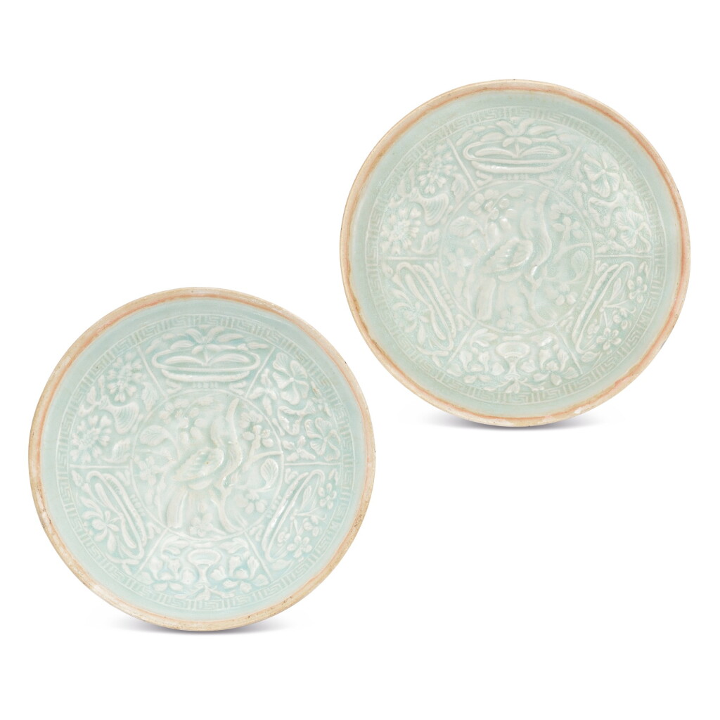 View full screen - View 1 of Lot 360. A pair of moulded qingbai 'bird and floral' bowls, Song dynasty 宋 青白釉印花鳥紋斗笠盌一對.