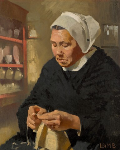 View full screen - View 1 of Lot 17. A Breton Woman, Knitting | Une femme bretonne, tricotant.