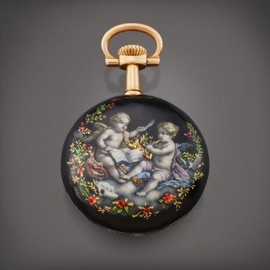 View full screen - View 1 of Lot 139. Retailed by Jaques & Marcus, New York: A small yellow gold and enamel open faced watch, Circa 1900.