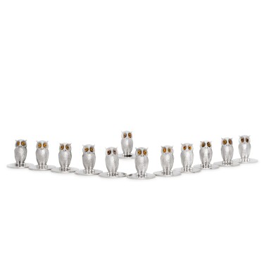 View full screen - View 1 of Lot 64. Twelve novelty silver owl menu holders, Sampson Mordan & Co. Ltd., London and Chester, 1903-1924.