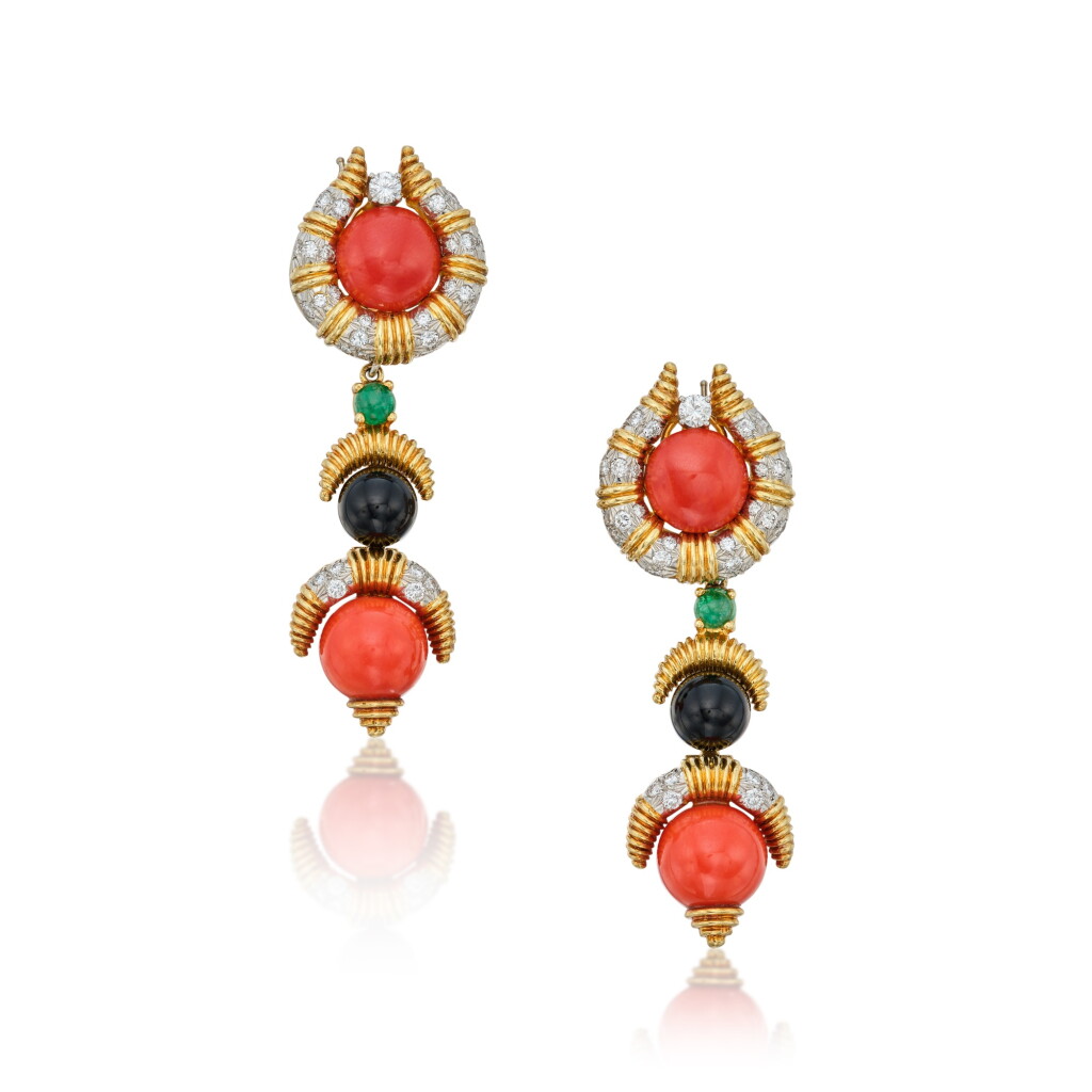 View full screen - View 1 of Lot 158. Pair of Gold, Coral, Onyx, Emerald and Diamond Pendant-Earclips.