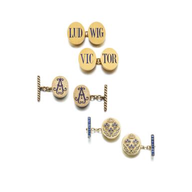 View full screen - View 1 of Lot 1002. Collection of gold, enamel and sapphire presentation cufflinks, late 19th century and circa 1939.