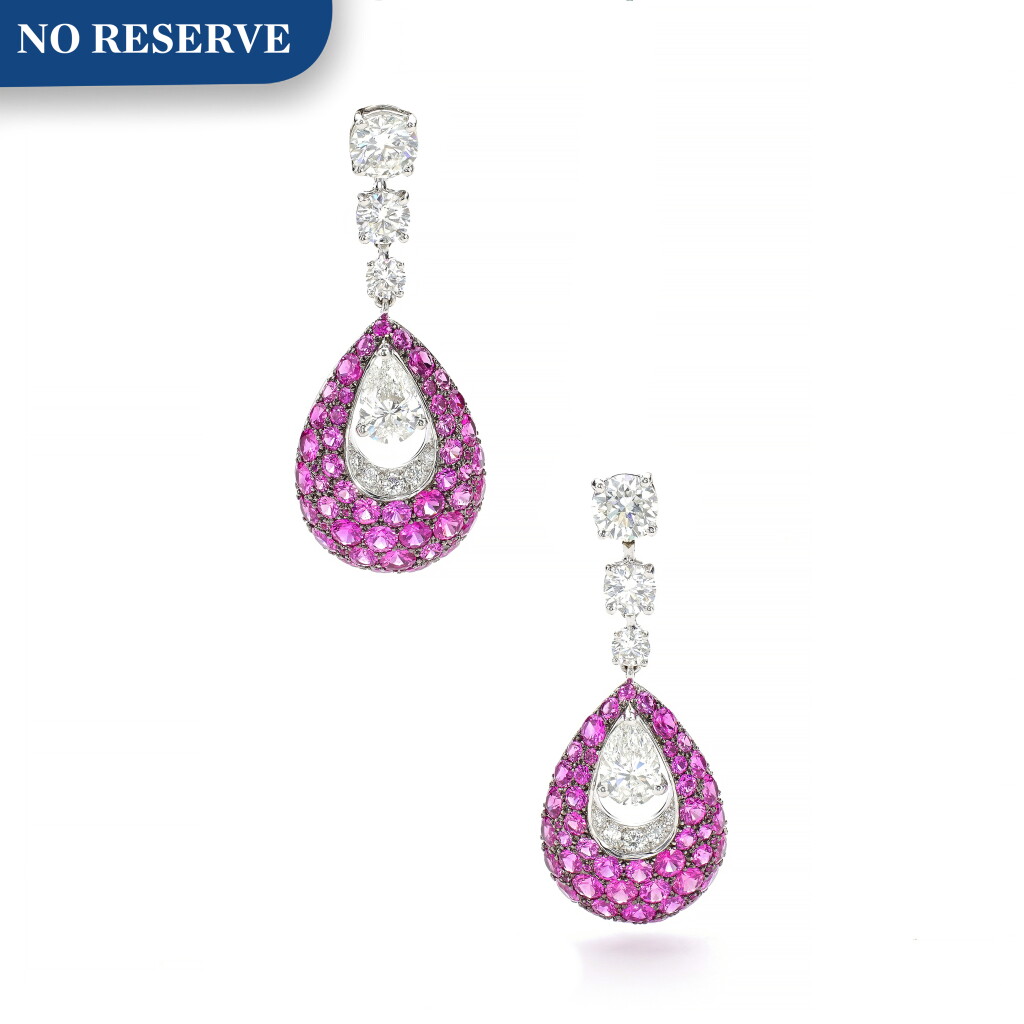 View full screen - View 1 of Lot 41. GRAFF | PAIR OF PINK SAPPHIRE AND DIAMOND PENDENT EARRINGS.