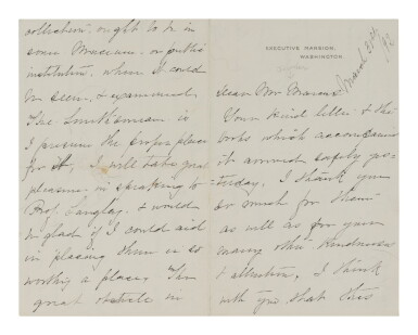 View full screen - View 1 of Lot 33. Harrison, Caroline Scott | Caroline Harrison praises the United States and excoriates Congress, while pledging to assist a jeweler in placing a commemorative suite in the Smithsonian.