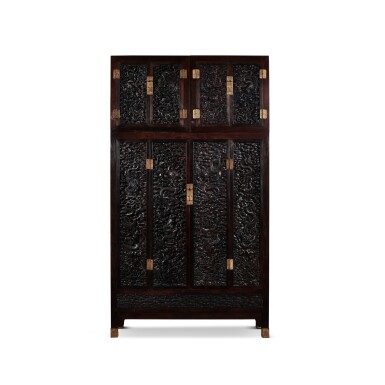 View full screen - View 1 of Lot 3625. An exceptional and massive zitan 'dragon' compound cabinet, Qing dynasty, Kangxi period | 清康熙 御製紫檀雲龍紋雙聯頂箱櫃.
