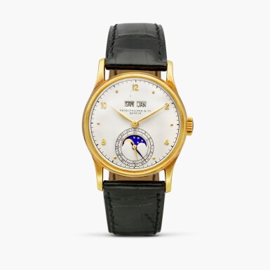 View full screen - View 1 of Lot 2375. Reference 1526 | A yellow gold perpetual calendar wristwatch with moon phases, Circa 1944.