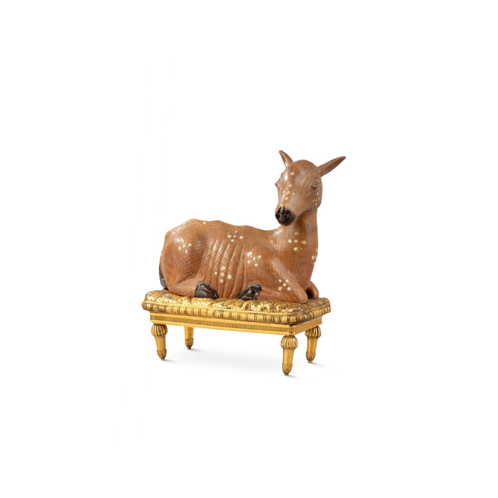 View full screen - View 1 of Lot 123. A gilt-bronze mounted Chinese ceramic deer, late 18th | Daim en grès de Chine émaillé et bronze doré, fin XVIIIe.