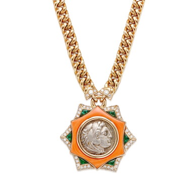 View full screen - View 1 of Lot 253. 'Monete' Antique Coin, Emerald, Coral and Diamond Pendent Necklace | 寶格麗 | 'Monete' 古代錢幣 配 祖母綠, 珊瑚 及 鑽石 項鏈.