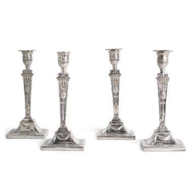 View full screen - View 1 of Lot 1824. Four Matching George III Silver Candlesticks, Sheffield and London, 1777-78.