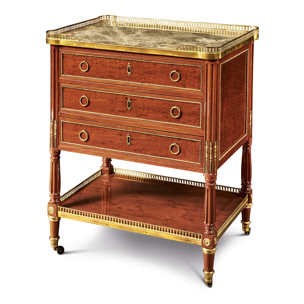 View full screen - View 1 of Lot 191. A LOUIS XVI GILT BRONZE-MOUNTED MAHOGANY TABLE EN CHIFFONNIÈRE BY STOCKEL, CIRCA 1785.