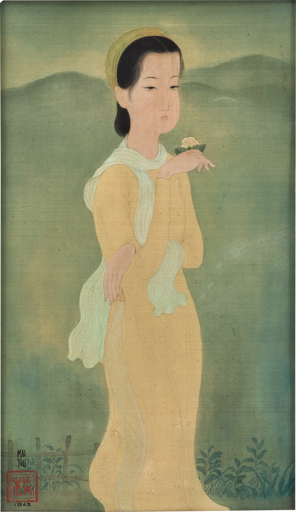 View full screen - View 1 of Lot 769. Mai Trung Thu 枚中栨 (梅忠恕)| Jeune fille dans un paysage, une fleur à la main 風景中的小女孩,手裡拿著一朵花.