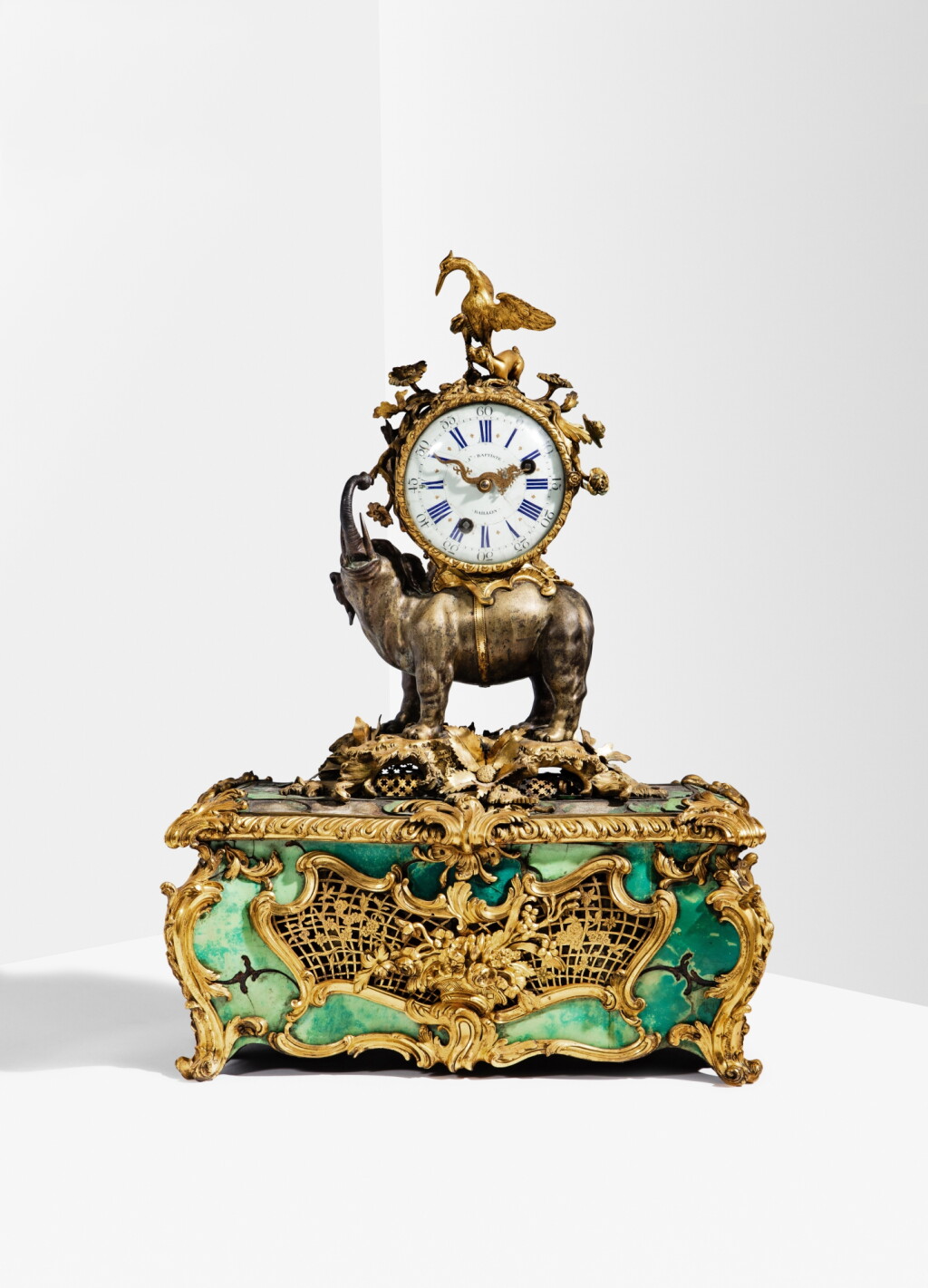 View full screen - View 1 of Lot 110. A Louis XV patinated and gilt-bronze mounted tinted horn mantel musical clock, with crowned C, circa 1750, attributed to Jean-Joseph de Saint-Germain.