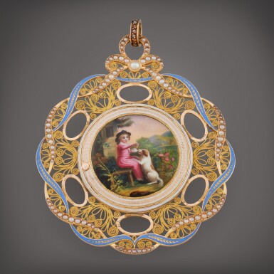 View full screen - View 1 of Lot 83. A yellow gold, enamel, and pearl-set open faced pendant watch, Circa 1815.