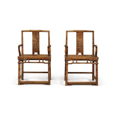 View full screen - View 1 of Lot 738. A pair of 'nanmu' bamboo-style continuous-back armchairs, 19th / 20th century | 十九 / 二十世紀 楠木竹節紋椅一對.