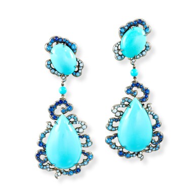 View full screen - View 1 of Lot 1604. Pair of Turquoise and Sapphire Pendent Earrings | 綠松石 配 藍寶石 耳墜一對.