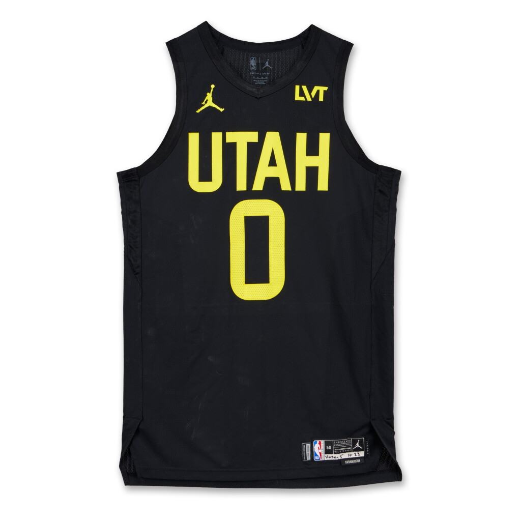 View full screen - View 1 of Lot 166. Taylor Hendricks Utah Jazz 2024-2025 Kia NBA Tip-Off Game Worn Statement Edition Jersey.