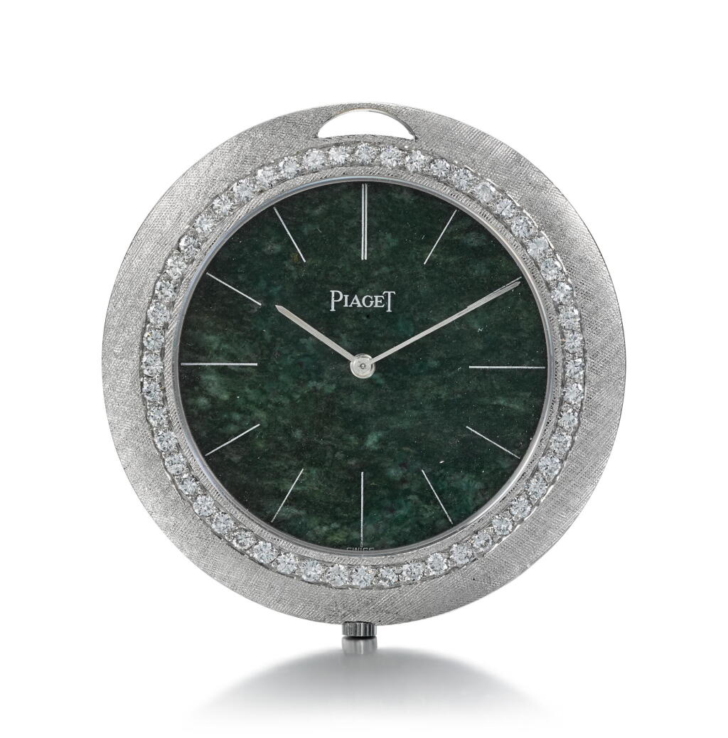 View full screen - View 1 of Lot 8084. PIAGET | A WHITE GOLD, DIAMOND AND JADE-SET OPENFACE WATCH, CIRCA 1970.