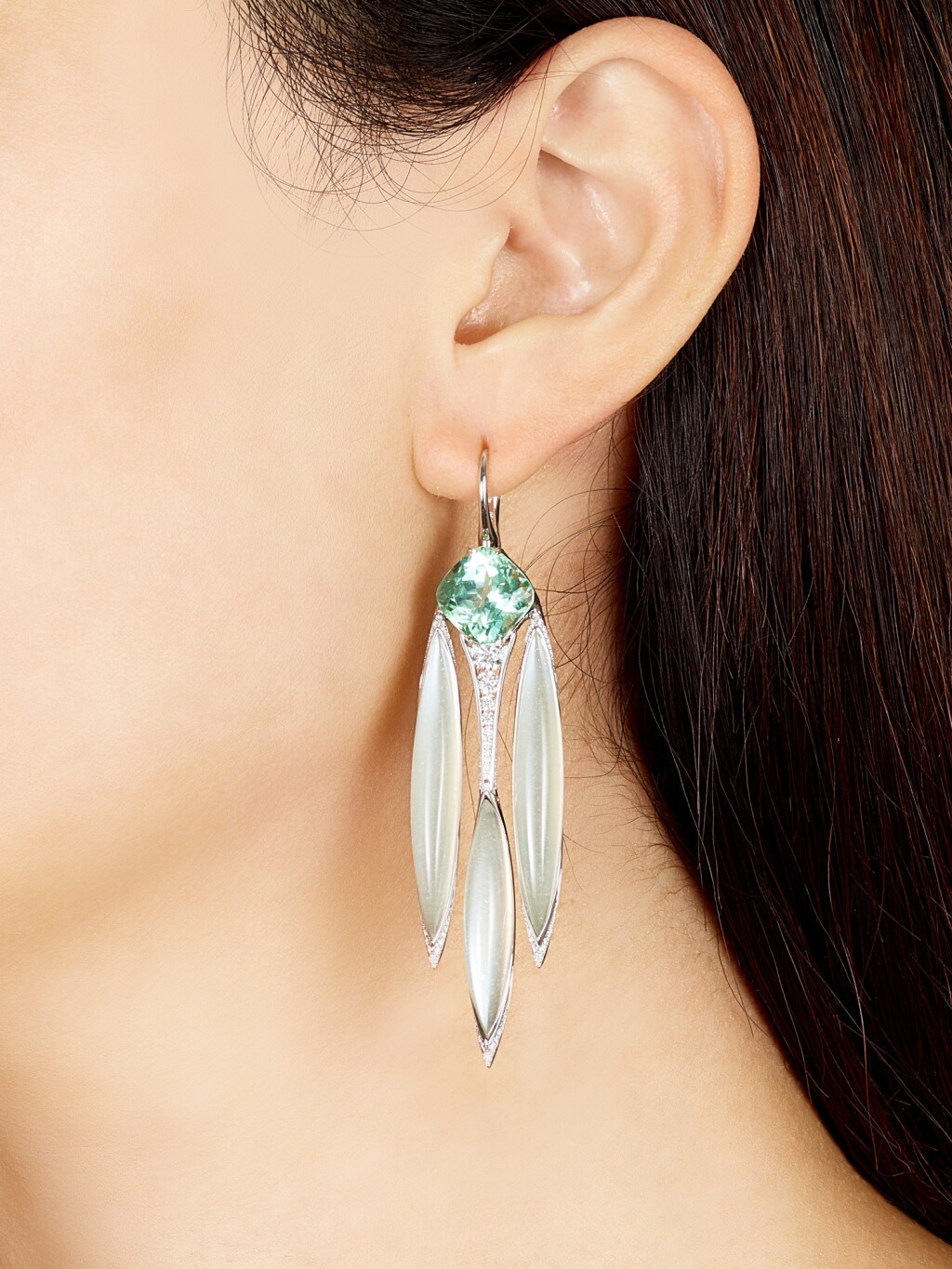 View full screen - View 1 of Lot 1415. FORMS | PAIR OF TOURMALINE, MOONSTONE AND DIAMOND PENDENT EARRINGS | Forms | 碧璽 配 月亮石 及 鑽石 吊耳環一對.