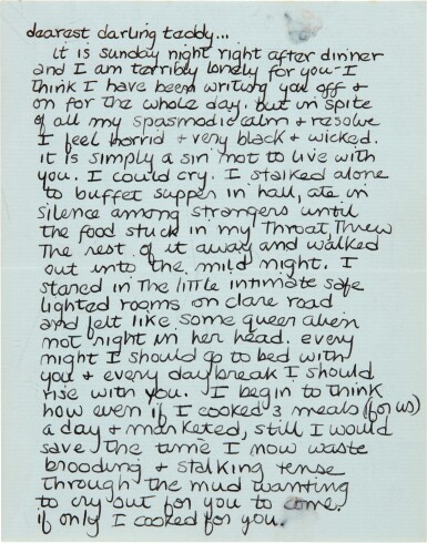View full screen - View 1 of Lot 20. Sylvia Plath | Autograph letter signed, to Ted Hughes, "it is simple a sin not to live with you", 21 October 1956.